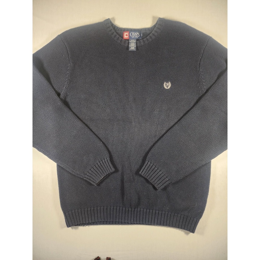Chaps Mens Navy Blue Cotton Knit Crewneck‎ Pullover Sweater Large Logo Crest